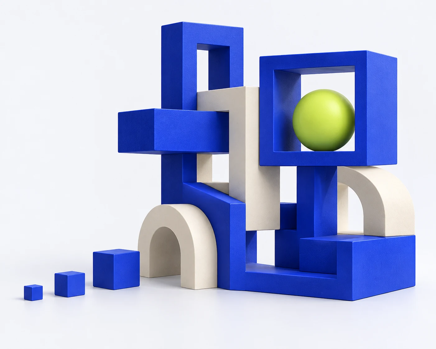 Cobalt frames, ivory forms, and a lime sphere coming together into one distinctive structure.